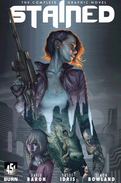 Portada de la novela gráfica Stained, de David Baron y Yusuf Idris para 451 Media. Se ve a la protagonista del comic mirando a un lado y sujetando un rifle de francotirador.