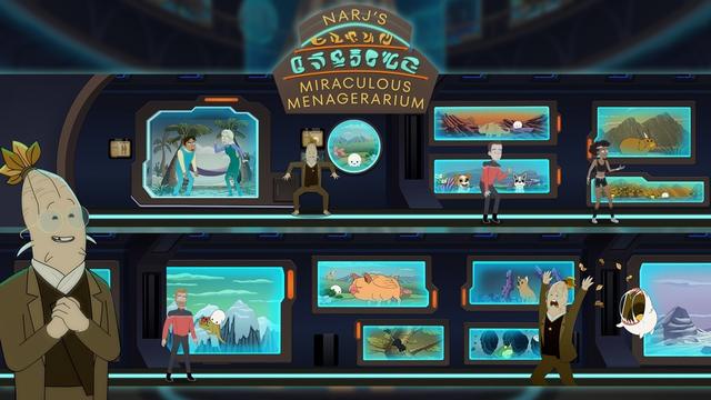 Narj’s Miraculous Menagerarium: Blick auf zwei Ebenen der Menagerie mit verschiedenen Gehegen hinter Glas und die Protagonist*innen der Folge laufen durchs Bild.