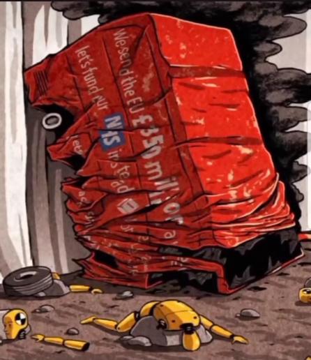 A cartoonn of the brexit red bus crashed off a cliff with a broken crash test dummy lying outside.