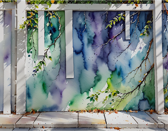 View of a narrow white stone sidewalk, by a white wall covered with washes of paint in greens, blues, and purples. A few white boards support leafy branches. Some dried leaves have fallen and lie on the ground. Watercolor style.