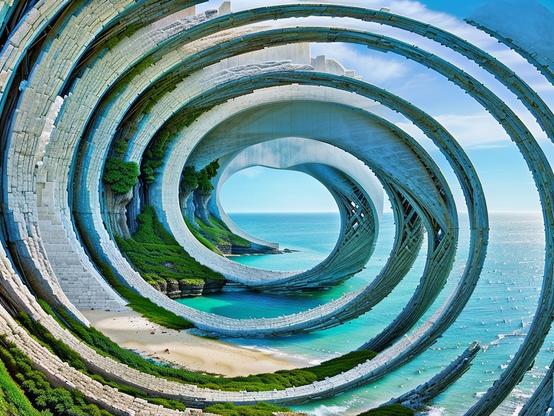 Large structure with architecturally improbable spiral design of  thin stone arms, filling the scene, at the edge of an ocean,  incorporating sand, greenery, and layered shore rocks. Sunny day, large ocean but only tiny choppy waves.