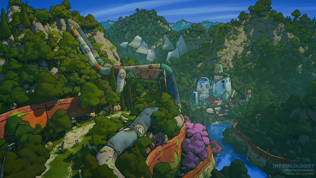 Screenshot of our game The Mossfield Archives showing a lush landscape