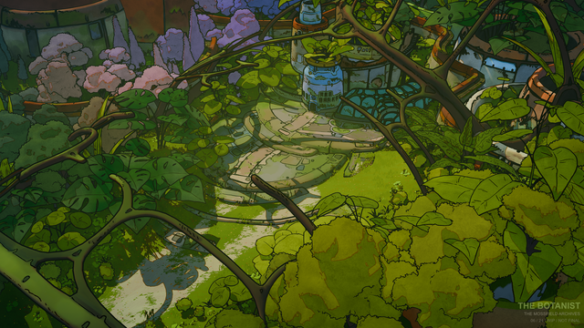 Screenshot of our game The Mossfield Archives showing a lush landscape