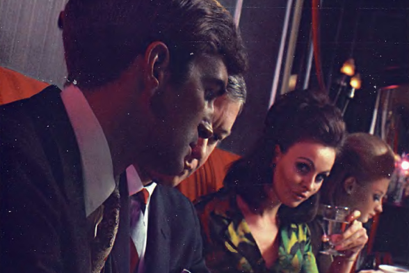1968 Vintage Movie Poster

The image depicts a vintage movie poster featuring a group of people in what appears to be a 1960s setting.
It features two men in suits and ties, one with dark hair and the other with lighter hair, seated at a table with a red tablecloth.
A woman in a sleeveless dress is also present, standing behind the men.
The man on the left seems to be looking towards the camera, while the others are engaged in conversation or the activity at the table.
In the background, there's another figure who appears to be gesturing or speaking.
The image has an old-fashioned vibe with a warm color tone, and it conveys a sense of formality from that era.