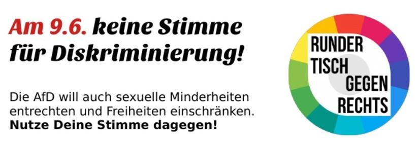 Hinweis mit "Am 09.06. keine Stimme für Diskriminierung." Vom runden Tisch gegen Rechts