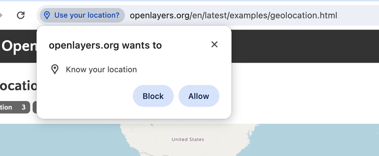 Screenshot of a page on openlers.org asking for the browser's location.