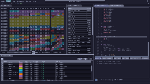 A screenshot of the ImHex interface with an executable from the 90s loaded. On the right side is part of a file decoding pattern program, the output of which can be seen in the hex editor on the left top, along with the pattern data section at the left bottom.