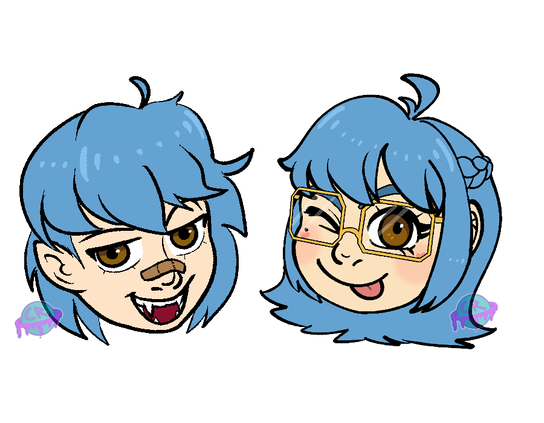 Two head only drawings of some original characters. On the left is a man who has sharp teeth, and slightly pointed ears. He is smiling and has a bandaid on his nose. He is facing towards the right with an open mouth smile. On the right is his little sister who is wearing gold framed glasses and sticking her tongue out. They both have a soft blue hair color. She is facing to the left.