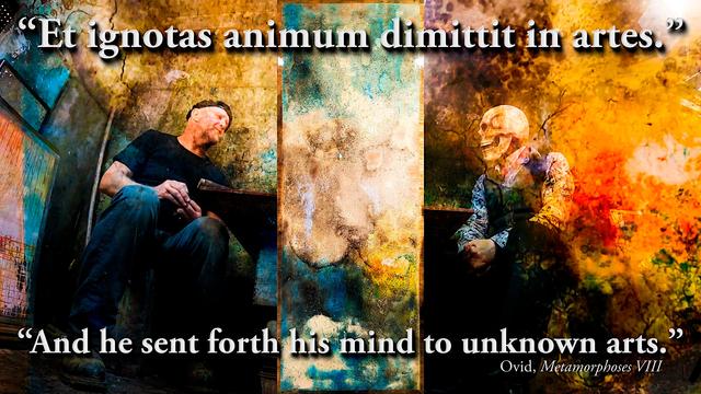 Vernon Bradley and Magnus Erlendsson sitting either side of one of Vernon's paintings. The whole image is textured like the painting. Quote from Ovid says "And he sent forth his mind to unknown arts."
