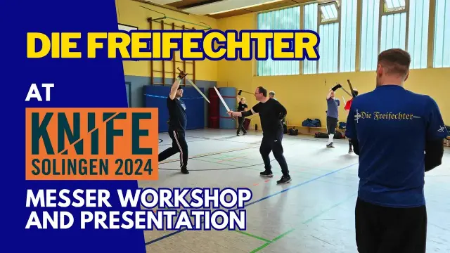 Ulrik neumann standing in front of a class of people, that he is teaching fencing with the Messer to. 
Title Die Freifechter at Knife Solingen 2024 - Messer Workshop and Presentation.