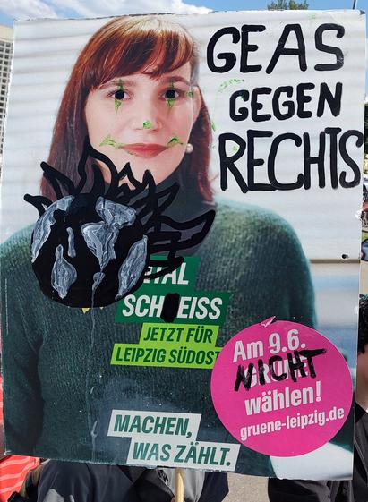 Verschönertes Plakat der sogenannten "Grünen": "GEAS gegen Rechts. Am 9.6. nicht wählen."