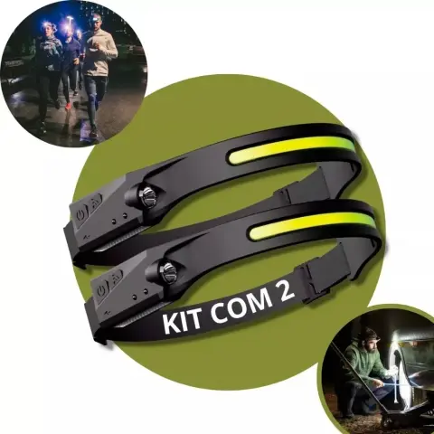 Foto promocional do kit com 2 lanternas de cabeça que comprei no AliExpress, com uma tira de led e uma lanterna direcional lateral