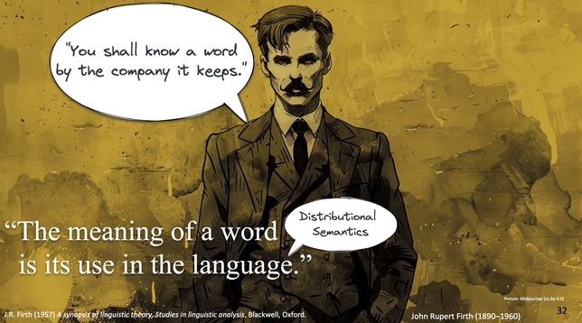 J.R. Firth as imagined by midjourney, quoting "You shall know a word by the company it keeps" supported by Wittgenstein's quote "The meaning of a word is its use in the language" as for distributional semantics.