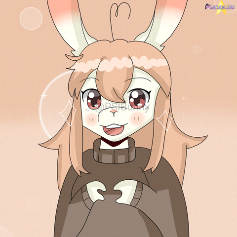 A drawing of a cream colored bunny in a brown sweater making a heart shape.

Light red background with bubbles.