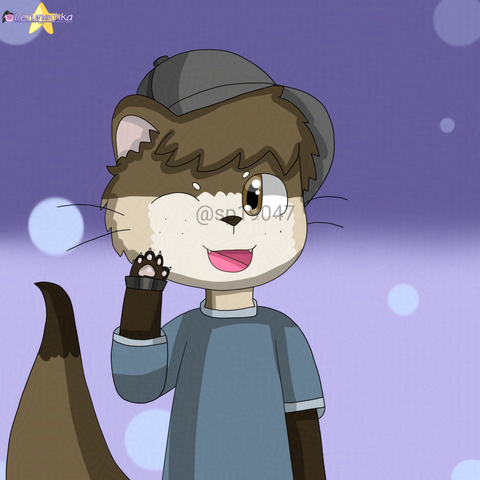 A drawing of a brown otter in a gray-black baseball bat and graying-blue shirt, waving.

Blue background with light-blue circles.