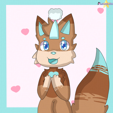 A drawing of a light-brown puppy wearing a light-cyan birthday hat, smiling.

Pink background with light-cyan square frame and darker pink hearts.