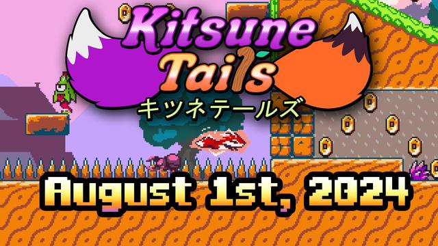 Yuzu as a super fox dashing through the air over spikes. Above is the Kitsune Tails logo. Below the release date "August 1st, 2024"