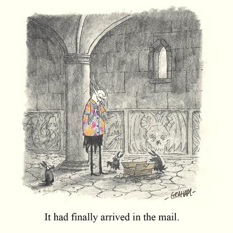 A cartoon illustration of a happy vampire putting on a bright Hawaiin shirt he's ordered through the mail.