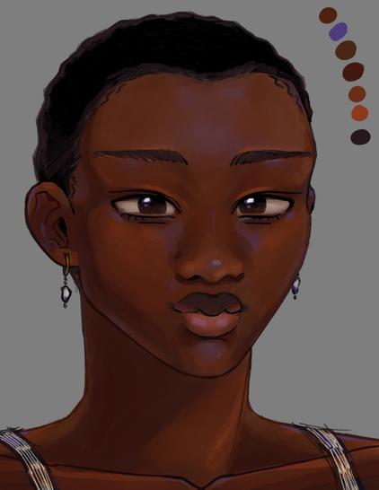 A digital painting on a midtown grey background of a young black woman with warm toned deep skin. She has short hair, freshwater pearl earrings, and a satiny shirt. She is making a neutral and thoughtful expression.