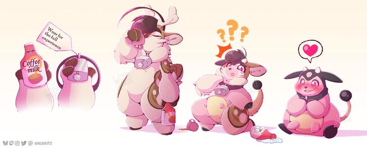 Iku, an anthro deer drinks coffee with a special coffee milk, wears a cow bell that came with it, and transforms into a miltank.