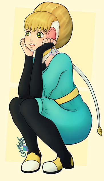 A clean drawing of the character Adelie from Space Dandy. A blonde alien girl with a giant doughnut like hair bun on the back of her head, and she has a band of fabric that goes around the sides of her face, her chin, and her neck. She's wearing a turquoise romper that's open in the front with a black bodysuit underneath it. Adelie also has a yellow belt, white caps on her fingers and chin, and her shoes are connected to the body suit. Connected to heir head/neck band are two long strips with a yellow diamond esque shape on the end. She is squatted on the ground with her elbows rested on her knees and her hands gently holding her face. She is facing the left from the viewers perspective, and is staring off into the distance. She has a small smile and wide eyes.