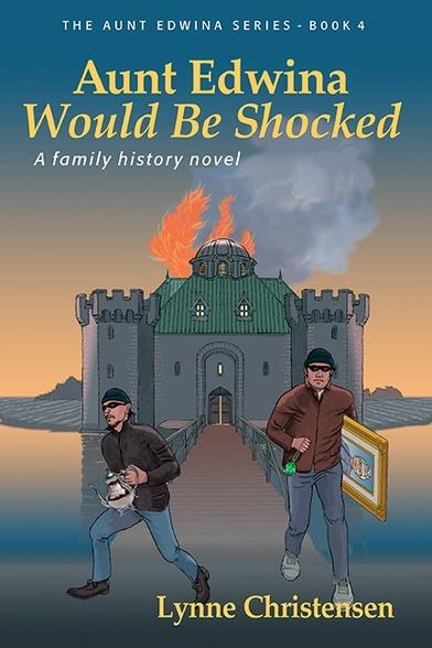 Thieves running out of burning castle carrying stolen goods.