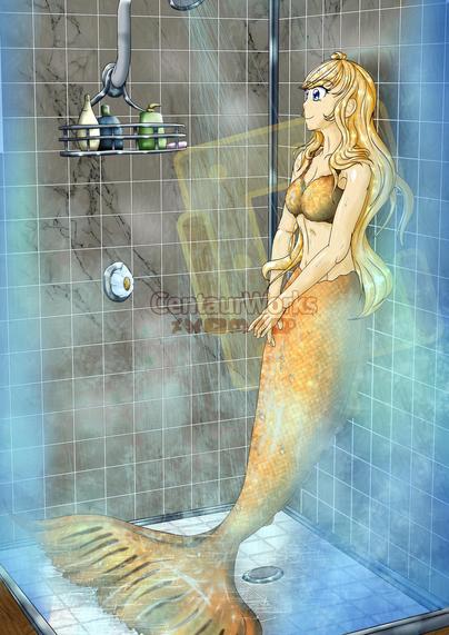 Sophie (my OC), a blonde haired mermaid with a light orange scalely tail and bra is laying against a stand-up shower while letting the water spray out like rain as her soapy tail gets soaked and washed off. She's smiling and treating this as a relaxing moment.