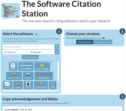 a screenshot of the service, where one can select the software they used and which version of it, and have a ack statement and bibtex generated