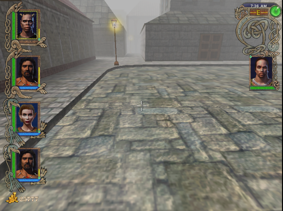 Screenshot from Might and Magic IX: Writ of fate, from the city of Thronheim, overlooking a city street in heavy fog
