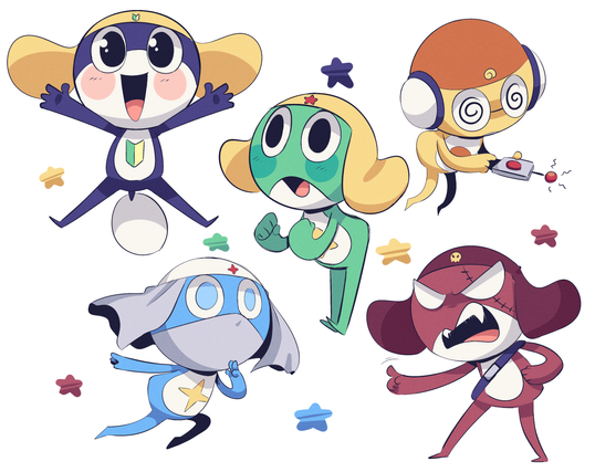 Digital 2D illustration.

Fan artwork consisting of the 5 main frog characters from the anime SGT Frog / Keroro Gunsou. They are drawn on a simple white background with small red, blue, green, navy and yellow stars scattered around them.