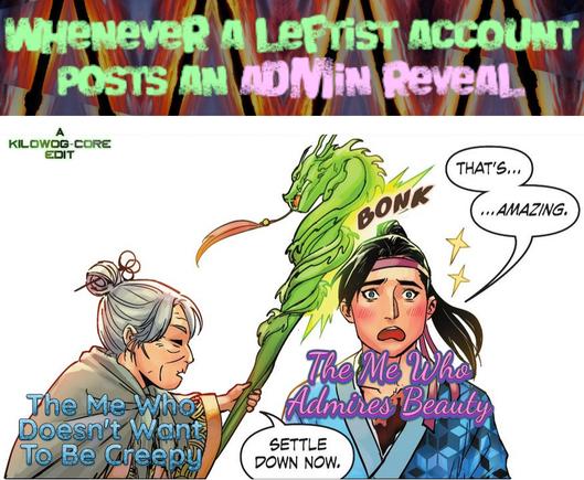 A comic panel is captioned "Whenever a leftist account posts an admin reveal". An attractive young ghost with long black hair and a blue robe stares at the reader, wide-eyed and blushing. He says, "That's... ... amazing." He is labeled "The Me Who Admires Beauty". An old ghost woman with her gray hair done up in a bun with sticks through it, dressed in a gray robe with gold trim, bonks the young man over the head with a stick shaped into a jade dragon. She says, "Settle down now." She is labeled "The Me Who Doesn't Want To Be Creepy". A caption reads, "A Kilowog-core Edit".