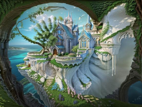 A whimsical castle house perched on a cliffside with a breathtaking ocean view on a sunny day. The fractal architecture features blue rooftops and lush greenery.