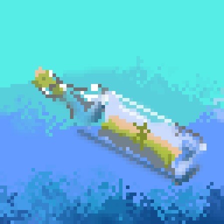 Pixel art image of a bottle in the sea containing a rolled up paper message