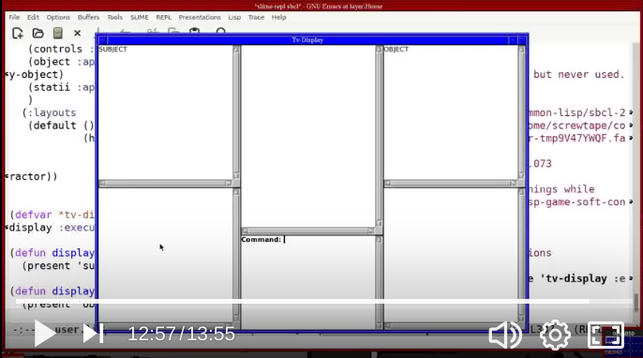 A clim window with 6 parts.

'subject' | (2/3s main) | 'object'
unused | interactor | unused
in front of emacs and some lisp code / slime.