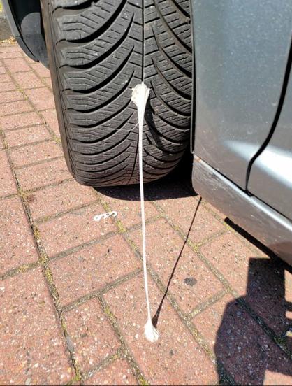 Ein Kaugummi zieht sich vom Boden zur Mitte eines Autoreifens