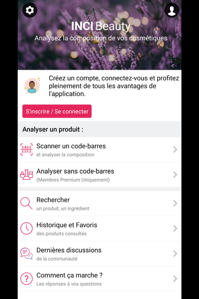 Page d'accueil de l'application #INCI_Beauty.