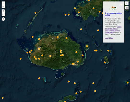 Screenshot of the GHAP 3D map viewer. The map is centred on Fiji and displays information about a layer containing metadata from Trove's digitised maps.