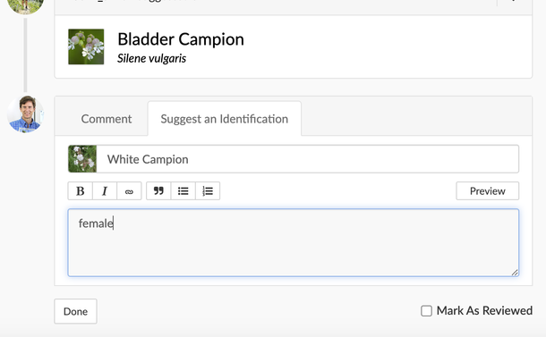 Screenshot of a webpage that displays a tiny photograph of a white-flowered plant labeled "bladder campion" above an even smaller photograph of a plant labeled "white campion." To left is a small photograph of me looking like a dork.