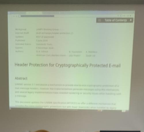 Projector screenshot of header protection session presented and facilitated by dkg (not pictured)