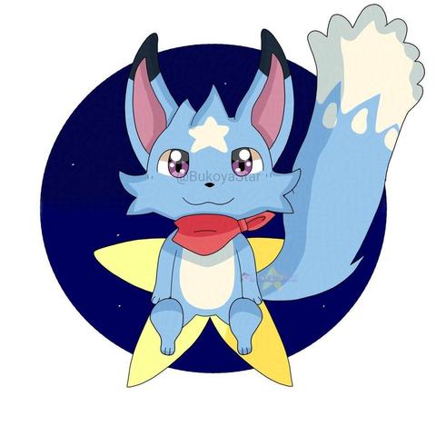 A drawing of a blue cat in a red scarf, sitting on a golden star.

White background with a night sky circle.