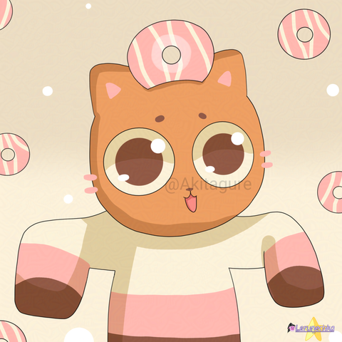 A drawing of an orange cat with pink donut on her head. Wears a multicolored (light-yellow, pink and brown) sweater with long sleeves.

Light yellow background with pink donuts.