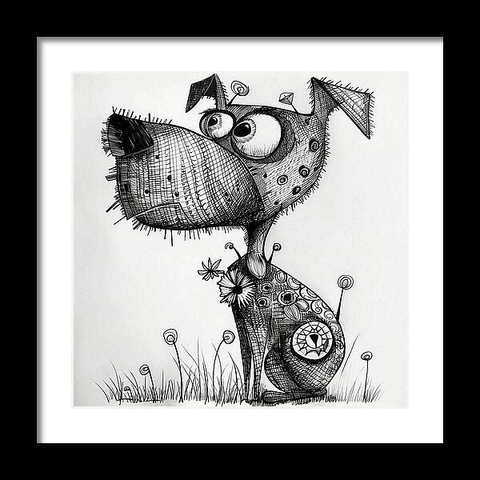 A framed whimsical black and white sketch portrays an exaggerated, cartoonish dog with various patterns covering its body. It stands in a field of grass with dandelion-like plants, gazing upward with large, expressive eyes. Fun dog art by Lisa S Baker.