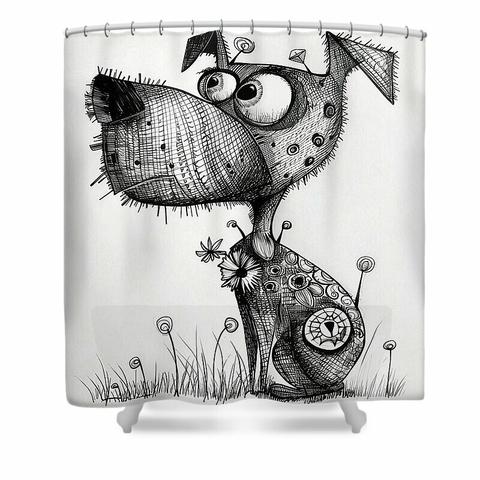 A shower curtain displaying a whimsical black and white sketch portraying an exaggerated, cartoonish dog with various patterns covering its body. It stands in a field of grass with dandelion-like plants, gazing upward with large, expressive eyes. Fun dog art by Lisa S Baker.