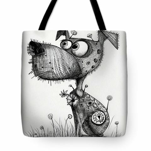 A tote bag displaying a whimsical black and white sketch portraying an exaggerated, cartoonish dog with various patterns covering its body. It stands in a field of grass with dandelion-like plants, gazing upward with large, expressive eyes. Fun dog art by Lisa S Baker.