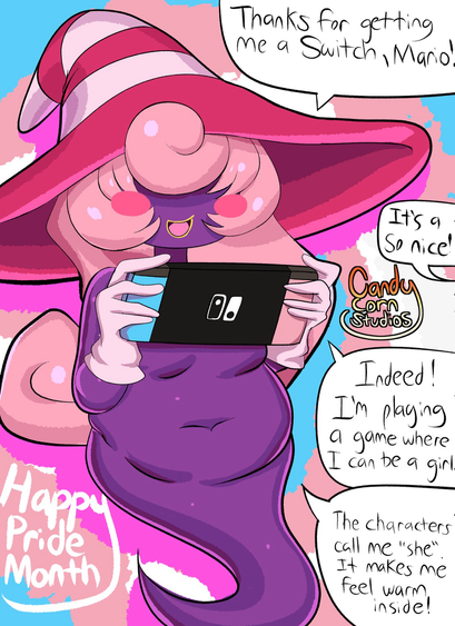 A shadow siren (often mistaken for a ghost-like being), with pink hair, and a pink and white witch hat holding a Nintendo Switch console in her hands. She is saying “thank you for getting me a Switch, Mario!”. Mario replies with “It’s a so nice”. Vivian replies with “Indeed! I am playing a game where I can be a girl. The characters call me a she. It makes me feel warm inside”. Background colors of the drawing are pink, baby blue, and white, just like the trans flag