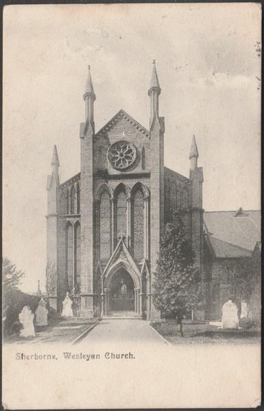 Printed monochrome postcard showing a view of the Wesleyan Methodist Church on Cheap Street in Sherborne, Dorset.
Publisher not stated, not numbered.
Postally used on 17 September 1904 with double circle Barnstaple cancellation on bluish-green halfpenny stamp and sent to Miss Min Drake, c/o Mr Day, High Street, Ilfracombe.
Good condition, with slight corner bumps.