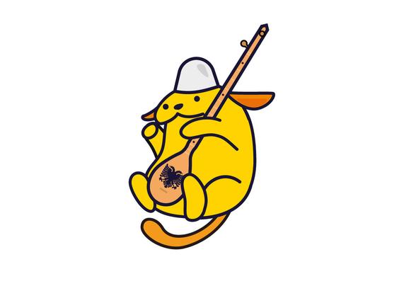 This Wapuu is jamming on a çifteli (https://en.m.wikipedia.org/wiki/%C3%87ifteli)
and rocking a plis(https://en.m.wikipedia.org/wiki/Qeleshe), proudly representing Albania's cultural heritage. Wikipedia article links for çifteli and plis are also added into this alt text.