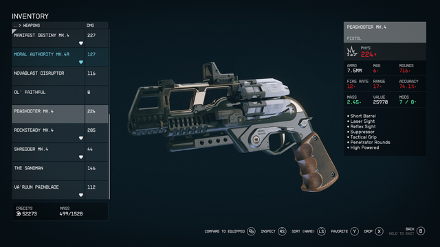 Starfield: detail view of Peashooter Mk.4, my heavily-modded Assassin’s Advanced Razorback