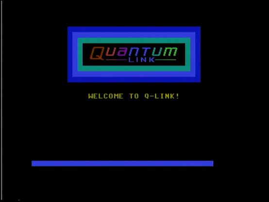 Commodore 64 screenshot showing the welcome-screen of the Q-Link network (which eventually beacme AOL in the late 1980s).