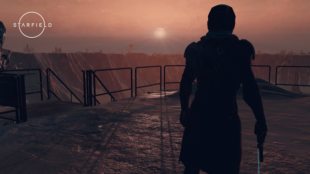 Starfield: Sunset over the Red Mile crater on Porrima III